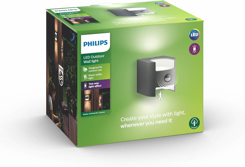 Philips myGarden LED Wandaussenleuchte Grass, 4.5 W, Anthrazit Grau mit Bewegungsmelder, Grau mit Be