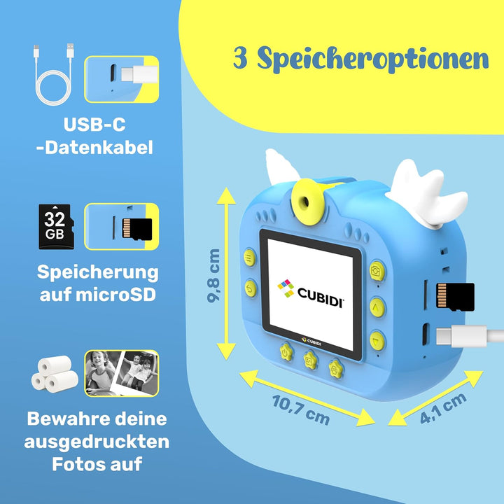 CUBIDI® - Kinder Kamera Sofortbildkamera - Digitalkamera Kinder mit Druckpapier & 32GB Karte Jungen