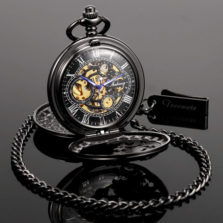TREEWETO Unisex Taschenuhr mit Kette Analog Handaufzug Doppelscharnier Antik Drache Skelett Bronze 5