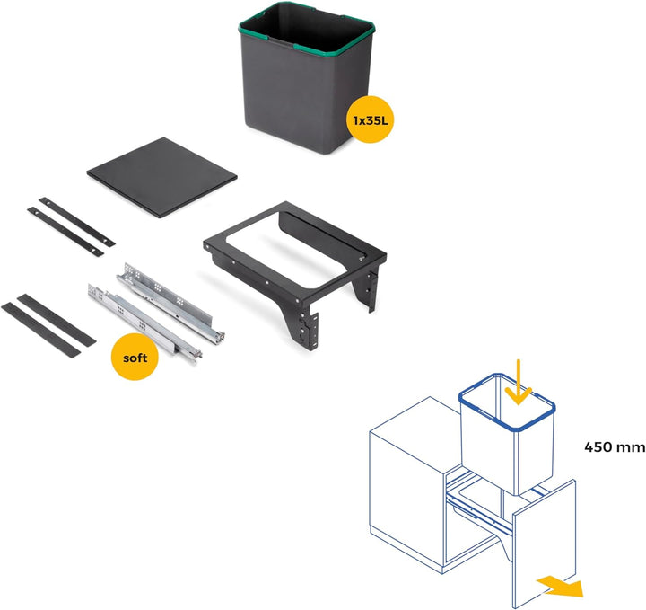 Emuca - Recyclingbehälter für die Küche mit seitlicher Befestigung, 1x35L, Stahl und Kunststoff, Ant