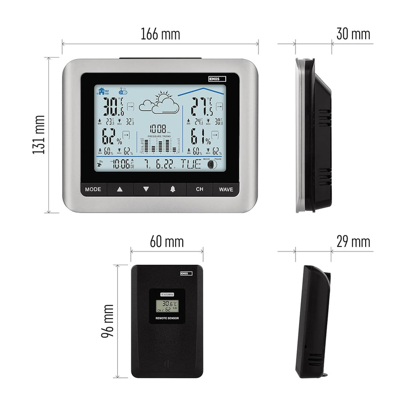 EMOS Funk Wetterstation mit weisser Hintergrundbeleuchtung, Aussensensor, Temperatur °C/°F, Luftfeuc