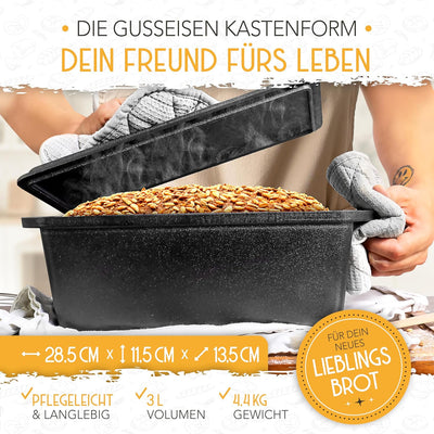 KRUSTENZAUBER Brotbackform mit Deckel inkl. Gärkorb - Robuste 28cm Backform aus Gusseisen - Ideal al