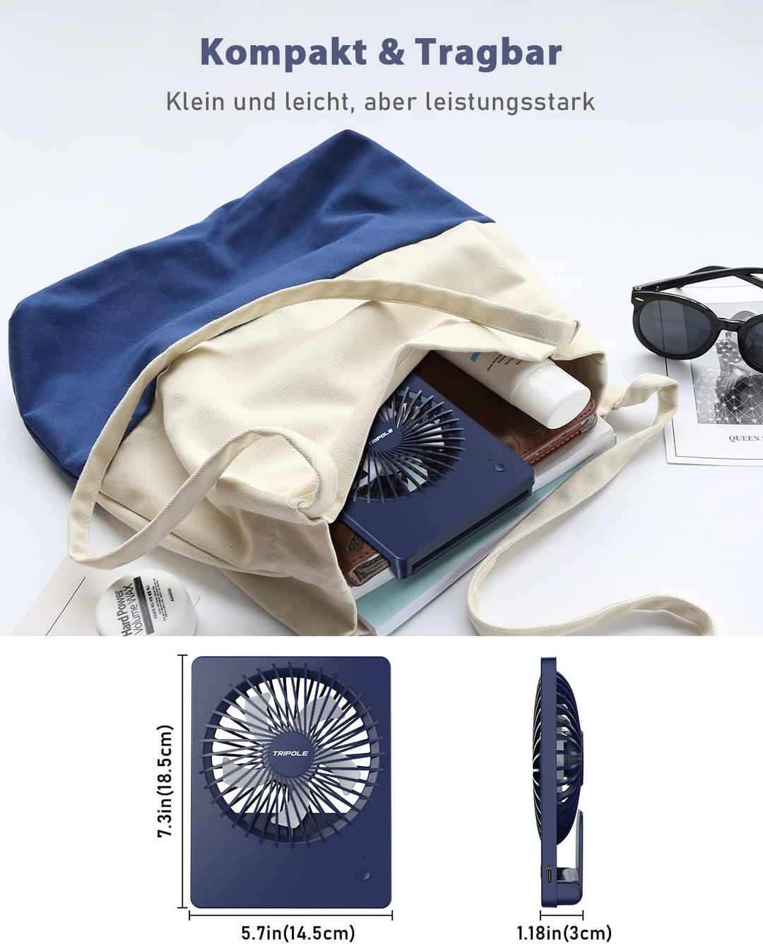 TriPole Tischventilator Leise, 2000mAh Ladefähige USB Ventilatoren Ausführen Bis zu 4-16 Std, 3 Gesc