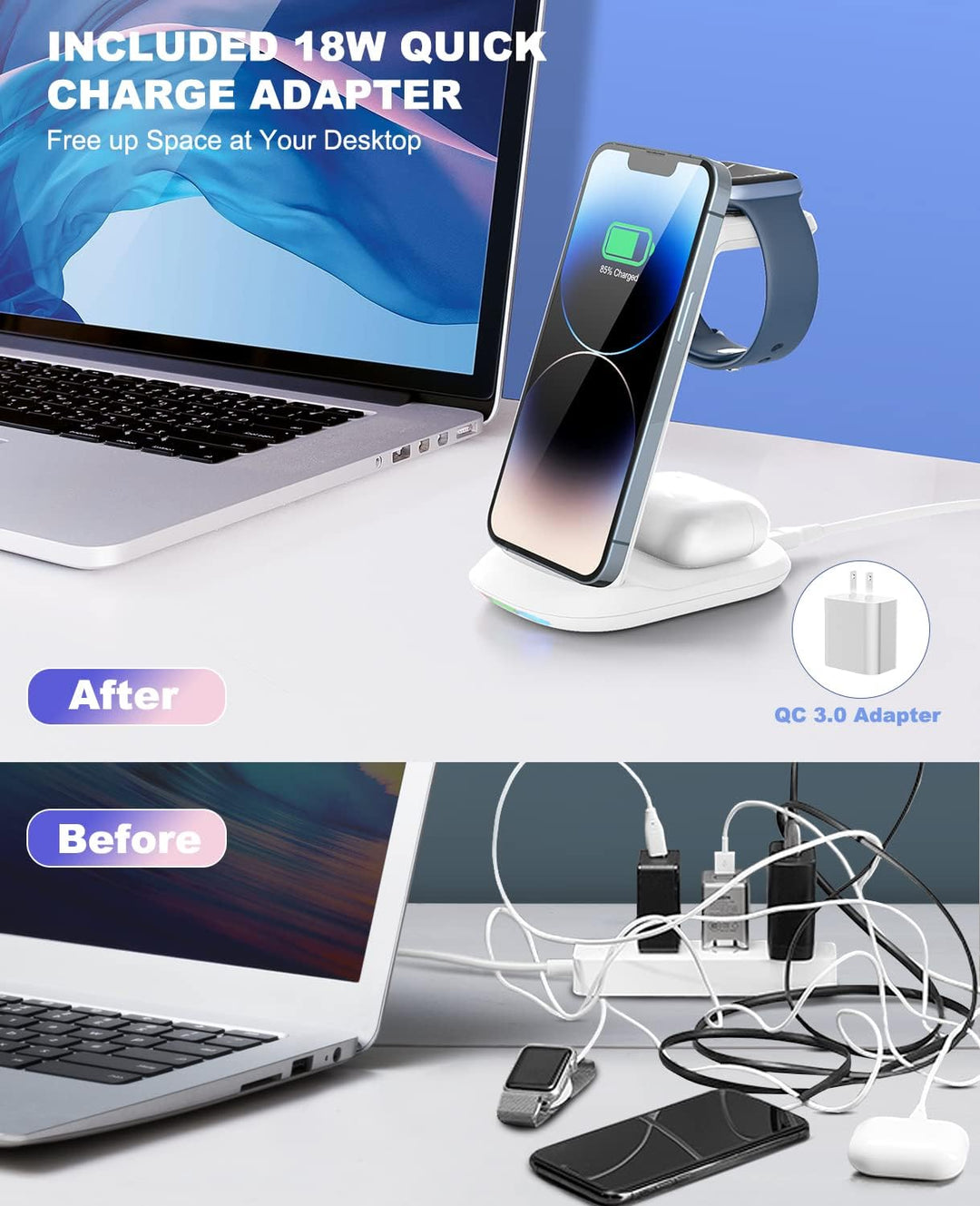 3 in 1 Ladestation iWatch und iPhone, Wireless Charger mit 18W Fast-Charging für iPhone 14/13/12/11