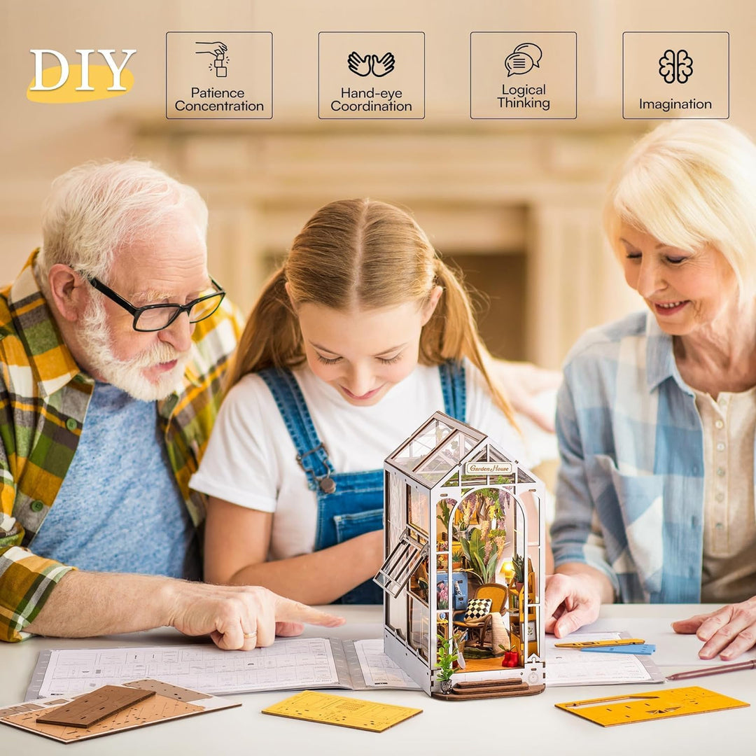 ROBOTIME DIY Book Nook Kit Gartenhaus mit Möbeln und LED Lampe, 3D Puzzle Booknook Miniatur Haus Mod