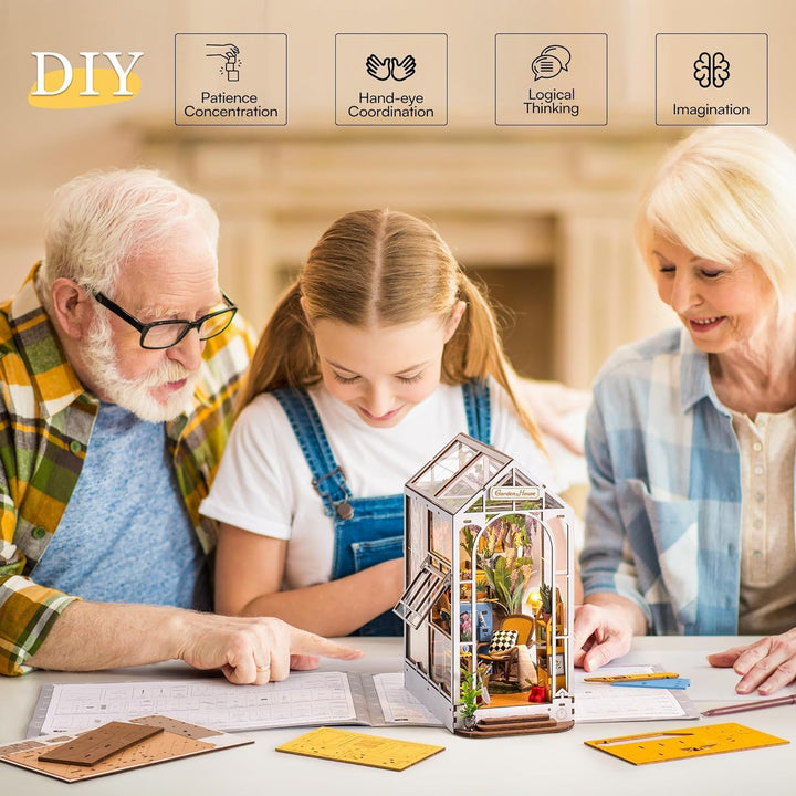 ROBOTIME DIY Book Nook Kit Gartenhaus mit Möbeln und LED Lampe, 3D Puzzle Booknook Miniatur Haus Mod