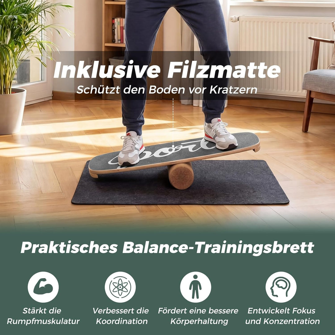 COSTWAY Balance Board, 17 mm Wackelbrett mit 10 cm Korkrolle &amp; Filzmatte, Surfboard aus Birkenholz b