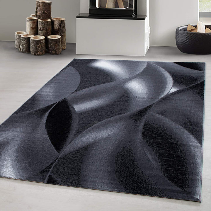Carpetsale24 Teppich Wohnzimmer Abstrakten Wellen Mustern Schwarz Meliert 240 x 340 cm - Kurzflor Te