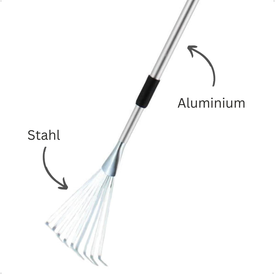Rekord Kleinfeger (Stahl) mit Teleskopstiel (Aluminium) Länge bis 124 cm & Aufhängeloch, Harke, Rech