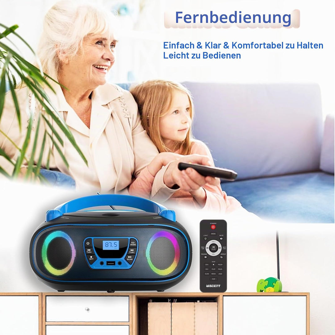 Tragbarer Stereo-CD-Player Boombox mit UKW-Radio, Bluetooth, CD-R/CD-RW/MP3/WMA-Wiedergabe, USB-Ansc