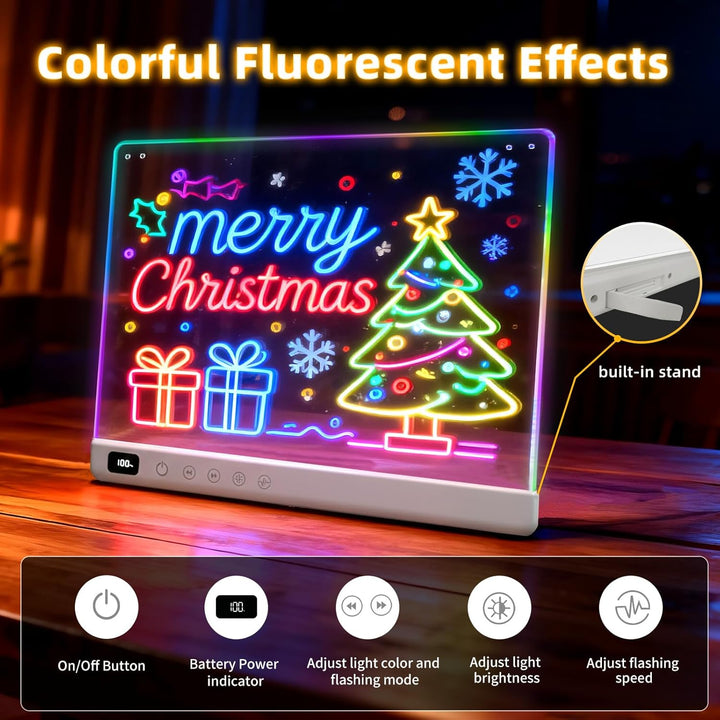 Ortizan LED Zeichenbrett, 35x25 cm Wiederaufladbare 13 Farben, LED Notiztafel Neon Art Trockenlösch-