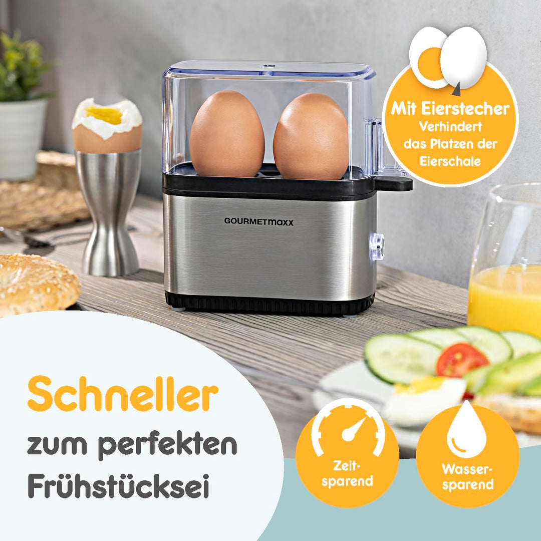 GOURMETmaxx Design Eierkocher für 2 Eier | kompakter Egg Boiler | Egg Cooker mit Eierstecher, Messbe