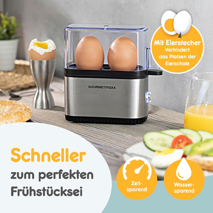 GOURMETmaxx Design Eierkocher für 2 Eier | kompakter Egg Boiler | Egg Cooker mit Eierstecher, Messbe