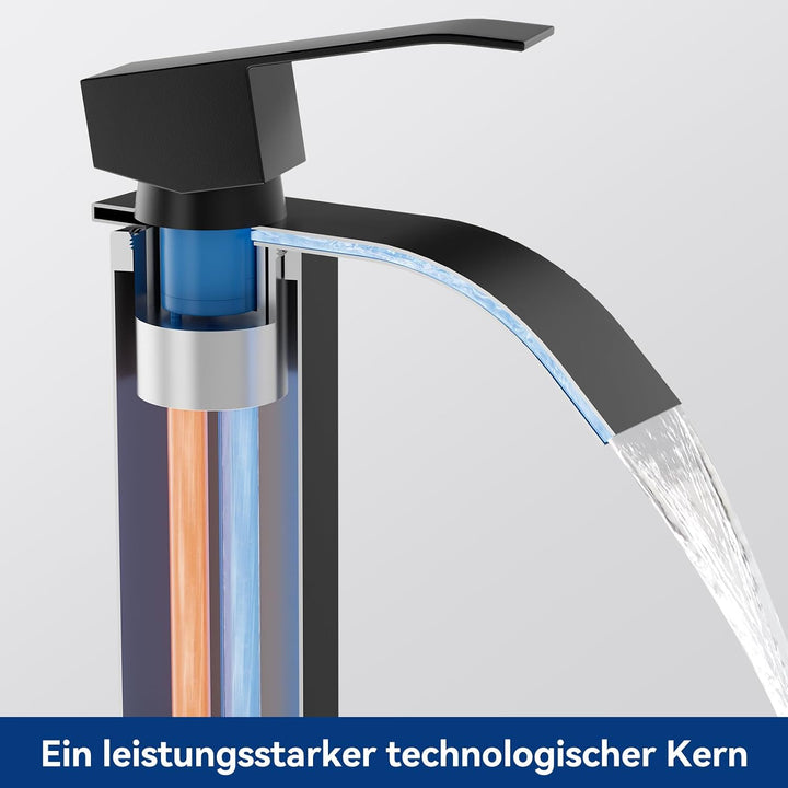 CECIPA Wasserhahn Bad Schwarz Hoch, Waschtischarmatur Wasserfall, Armatur Badezimmer Edelstahl, Wasc