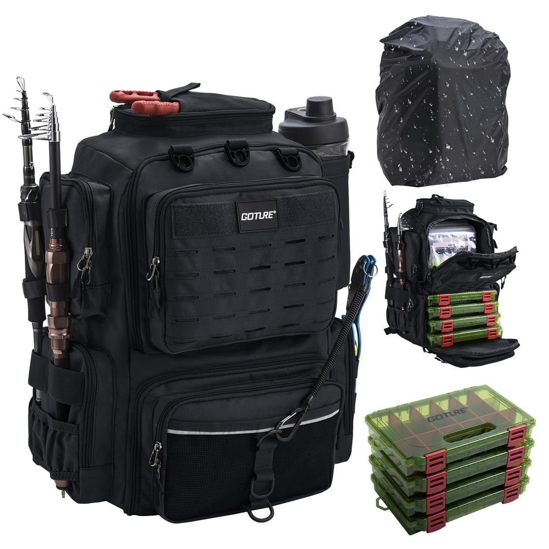 Goture Angelrucksack mit 4 Köderbox Angeln, 45-Liter Angelzubehör-Rucksack mit Zwei Rutenhaltern und