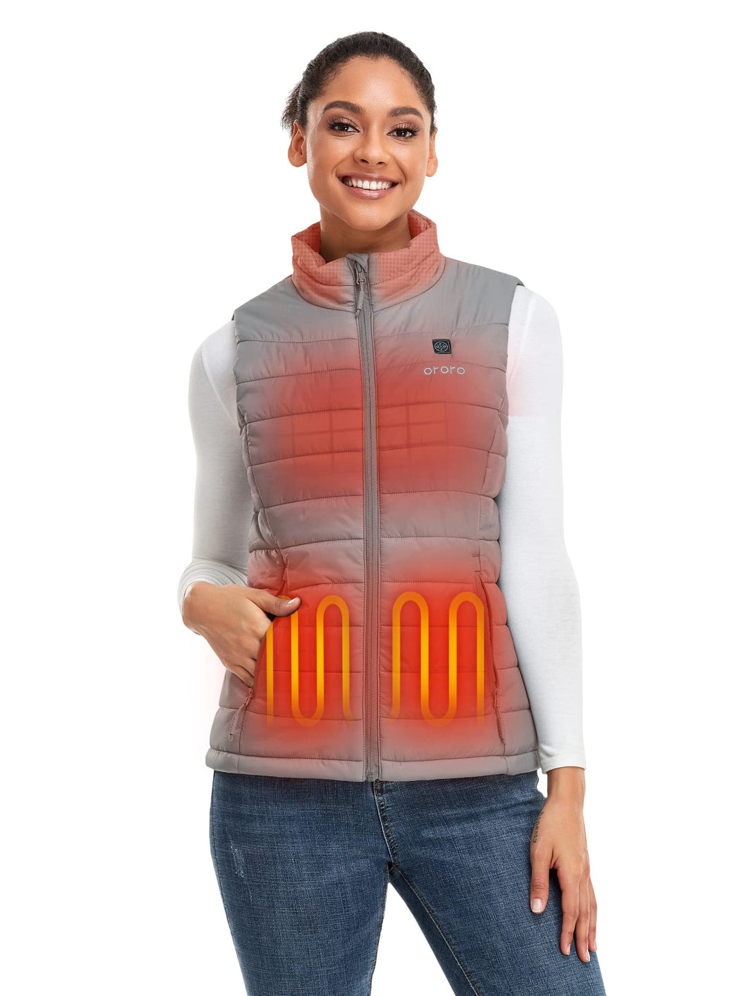 ORORO Beheizbare Weste Damen mit Powerbank, Heizweste Damen Bis zu 10 Stunden Wärme XL Silbergrau, X