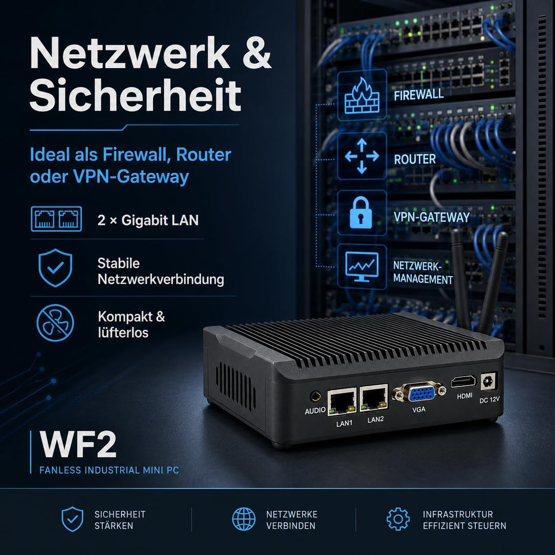 Lüfterloser Industrie Mini PC mit Celeron N2940, 8GB DDR3 RAM, 128GB SSD, Dual LAN, 6 USB, HDMI, VGA