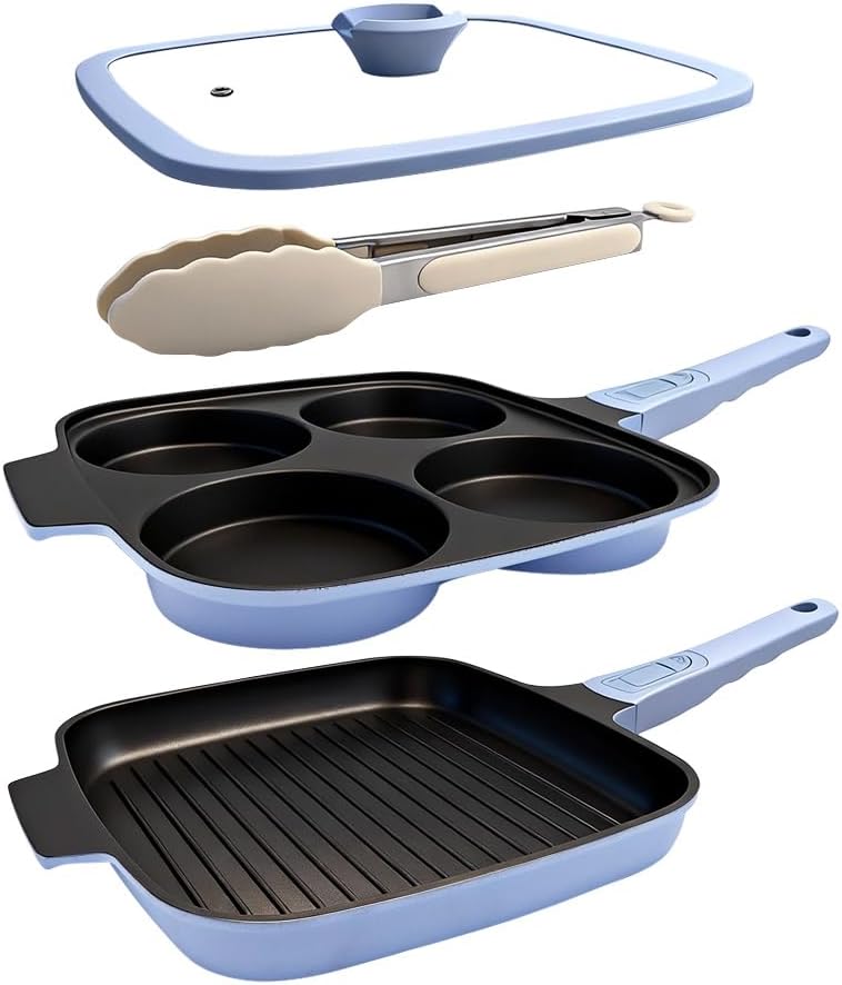 Pfannenset 2-teilig, Spiegeleipfanne mit Deckel 4 Loch + Grillpfanne Induktion 26 x 24 cm, Abnehmbar