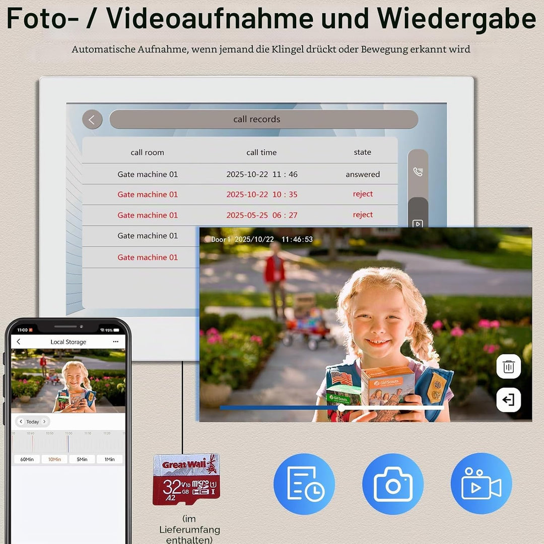 2 Draht WLAN 1080P HD Video-Türglocke-Kamera mit Monitor, Video-Türtelefon Intercom-System, 10 Zoll