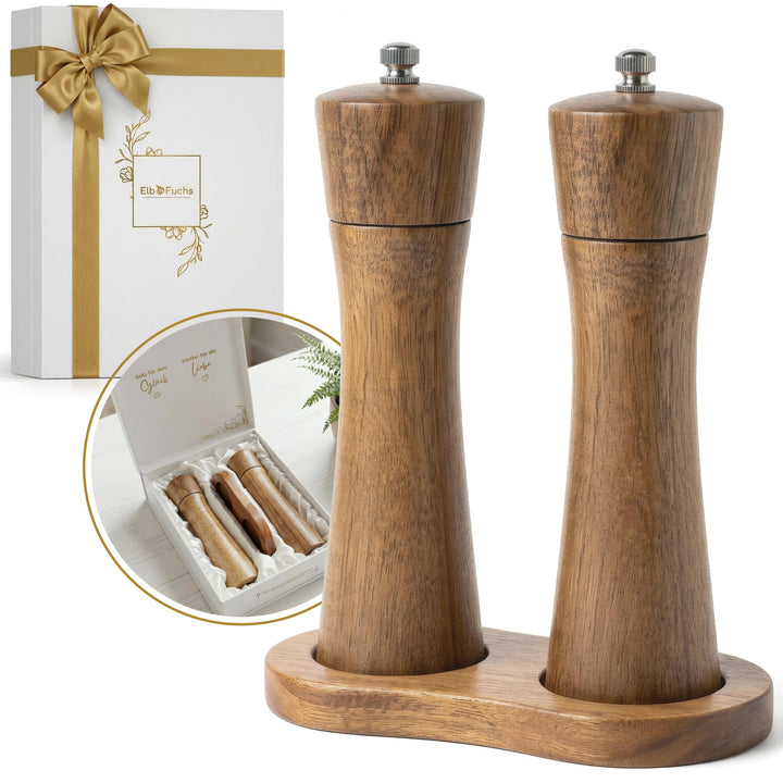 ElbFuchs Salz und Pfeffermühle Holz Set aus Akazienholz mit Untersetzer, 2 grosse Gewürzmühlen stufe