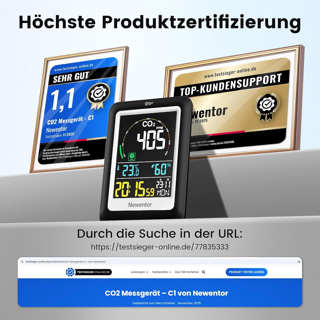 Newentor CO2 Messgerät, 4 CO2-Konzentrationsstufen mit Alarm und Lüftungsempfehlungen, Batteriebetri