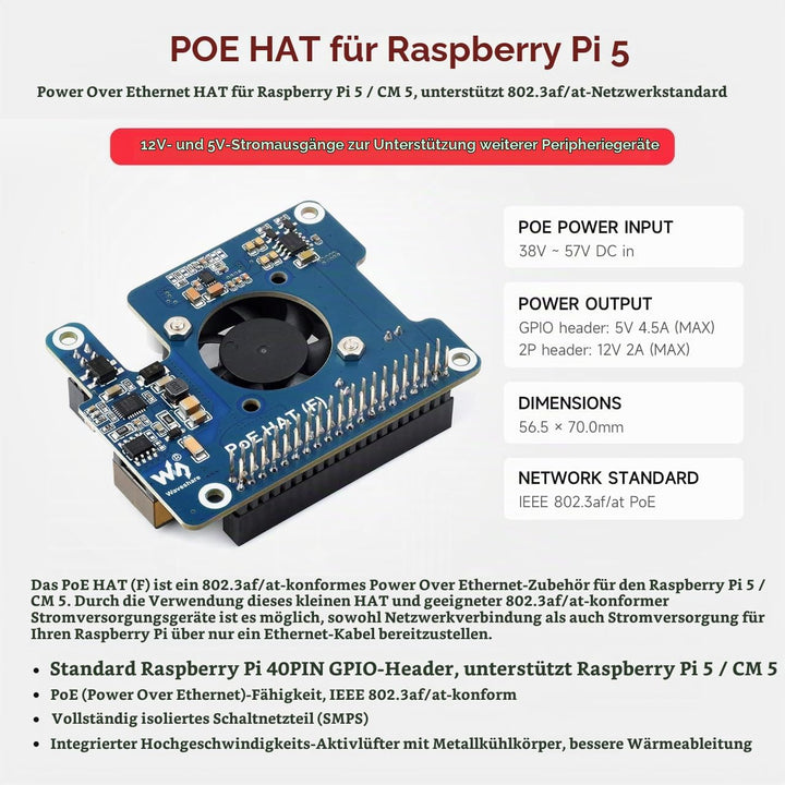 Waveshare PoE Power Over Ethernet HAT (F) Compatibele with Raspberry Pi 5 / cm 5, High Power, Onboar