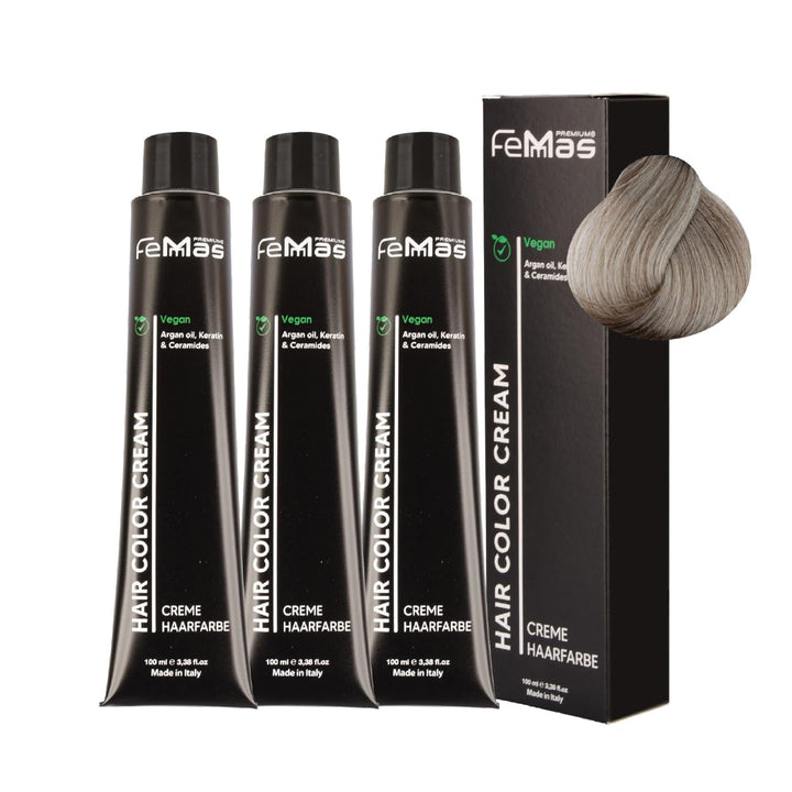 FemMas Haarfarbe 3x Hell Lichtblond Asch Intensiv 10.11 I Creme Haarfarbe mit Arganöl, Keratin & Cer