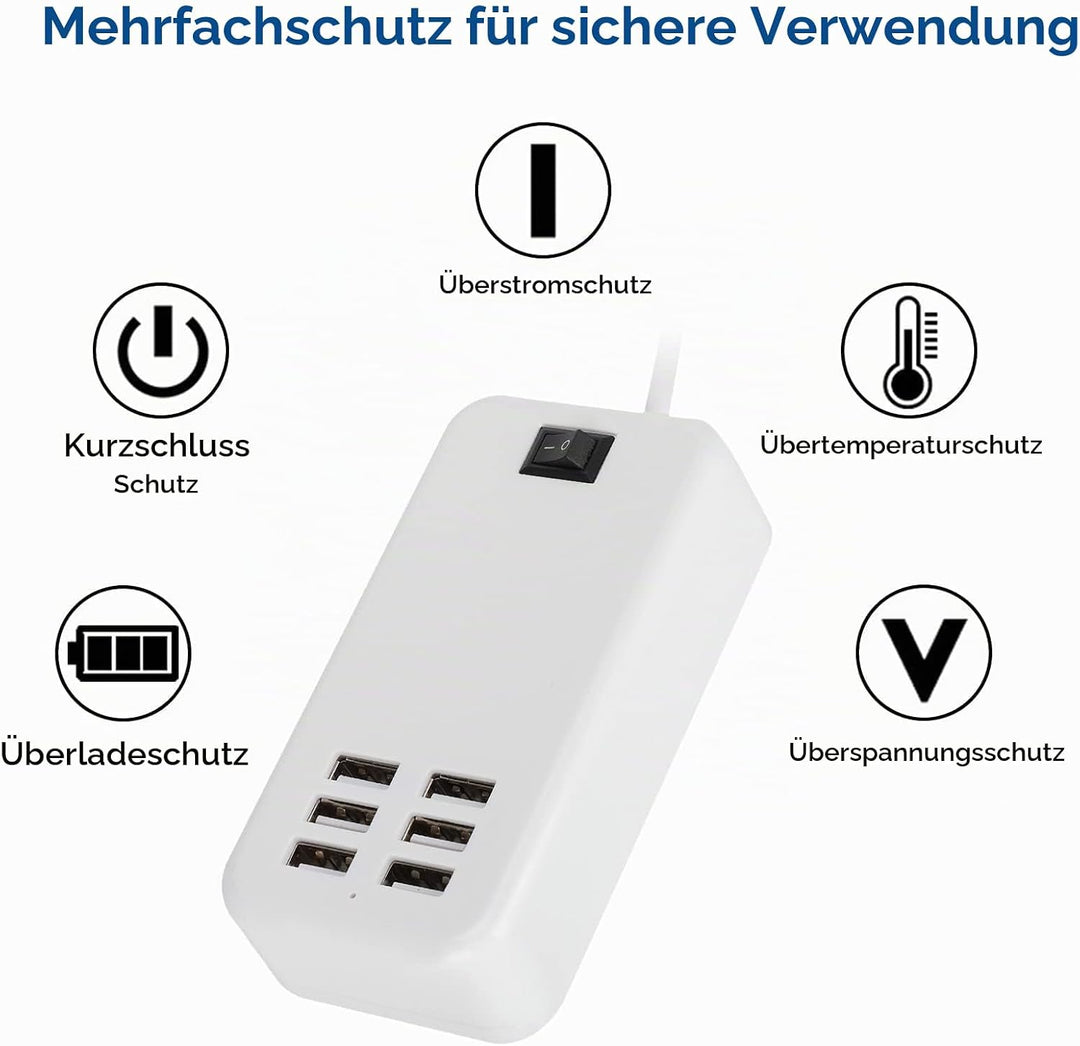 USB Ladestation, 30W 2A 100-240V USB Ladehub mit 6 Anschlüssen USB Ladeanschlüsse Überhitzungsschutz
