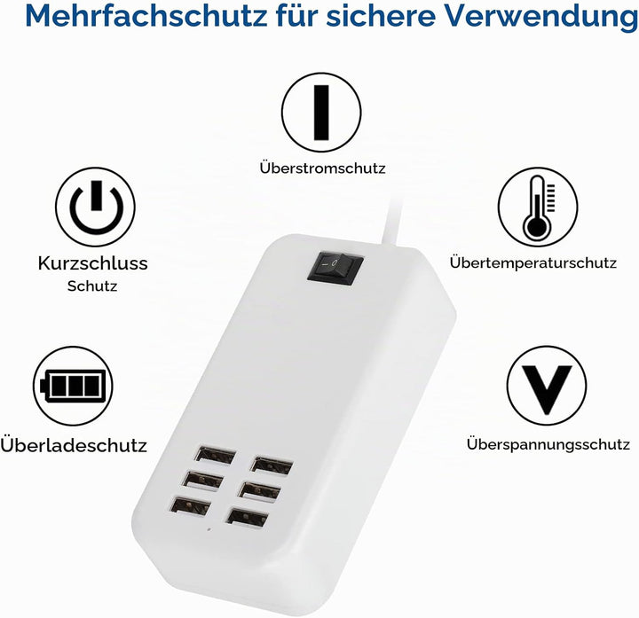 USB Ladestation, 30W 2A 100-240V USB Ladehub mit 6 Anschlüssen USB Ladeanschlüsse Überhitzungsschutz