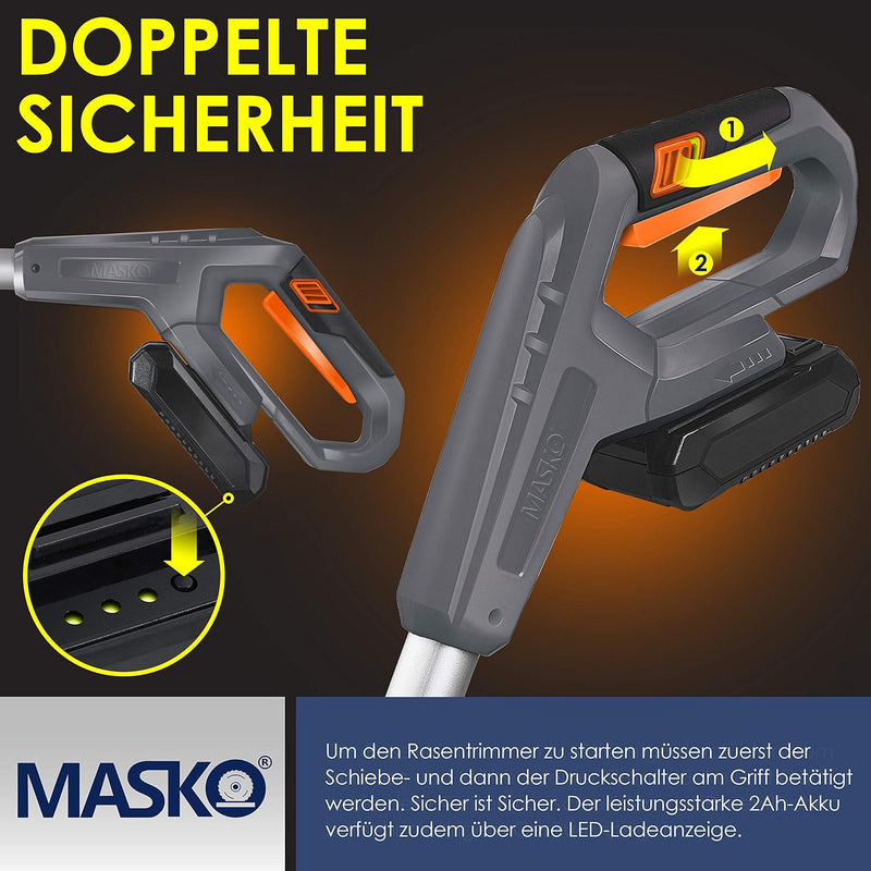 MASKO® Akku-Rasentrimmer mit 20 V Li-Akku, 2,0 Ah Akku und Ladegerät, Motorsense 26 cm Schnittkreis,