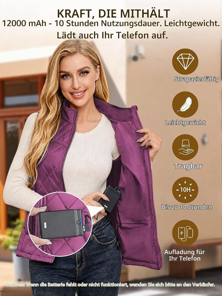 Kintiwe Beheizbare Weste, Beheizte Weste Damen Heizweste mit 12000mAh Powerbank, Beheizbare Jacke He