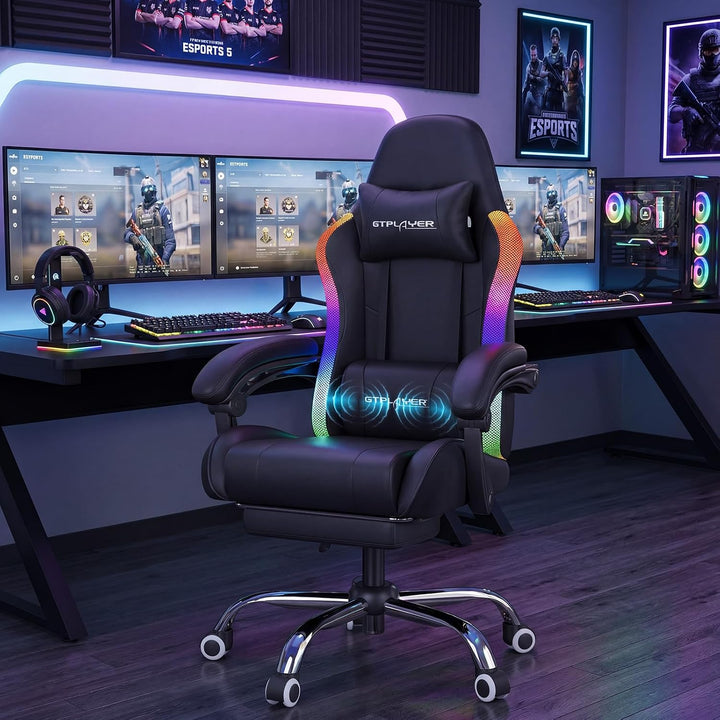 GTPLAYER Gaming Stuhl, Bürostuhl, Gaming Chair mit LED Lichtleiste und Massgefunktion, Gamer Stuhl,