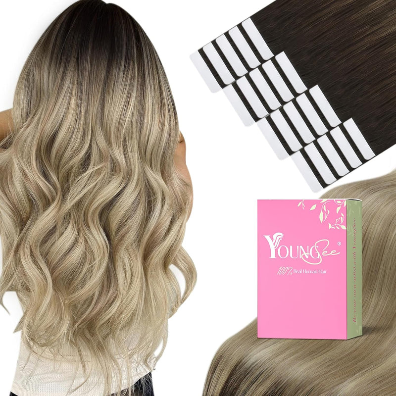 YoungSee Extensions Echthaar Tape Balayage 30cm Tape Extensions Echthaar Dunkelbraun Ombre Braun Blo