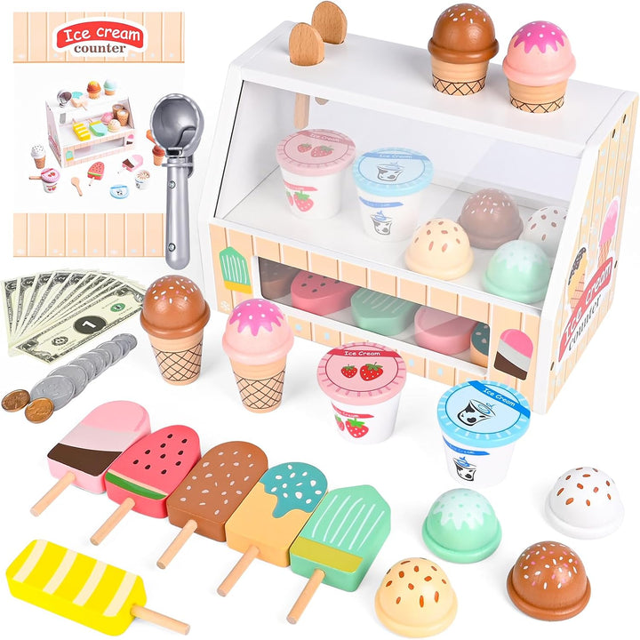 Euakee Eisdiele Kinder Holz, Kinderküche Zubehör Kaufladen Zubehör Kaufmannsladen Zubehör, Eisladen