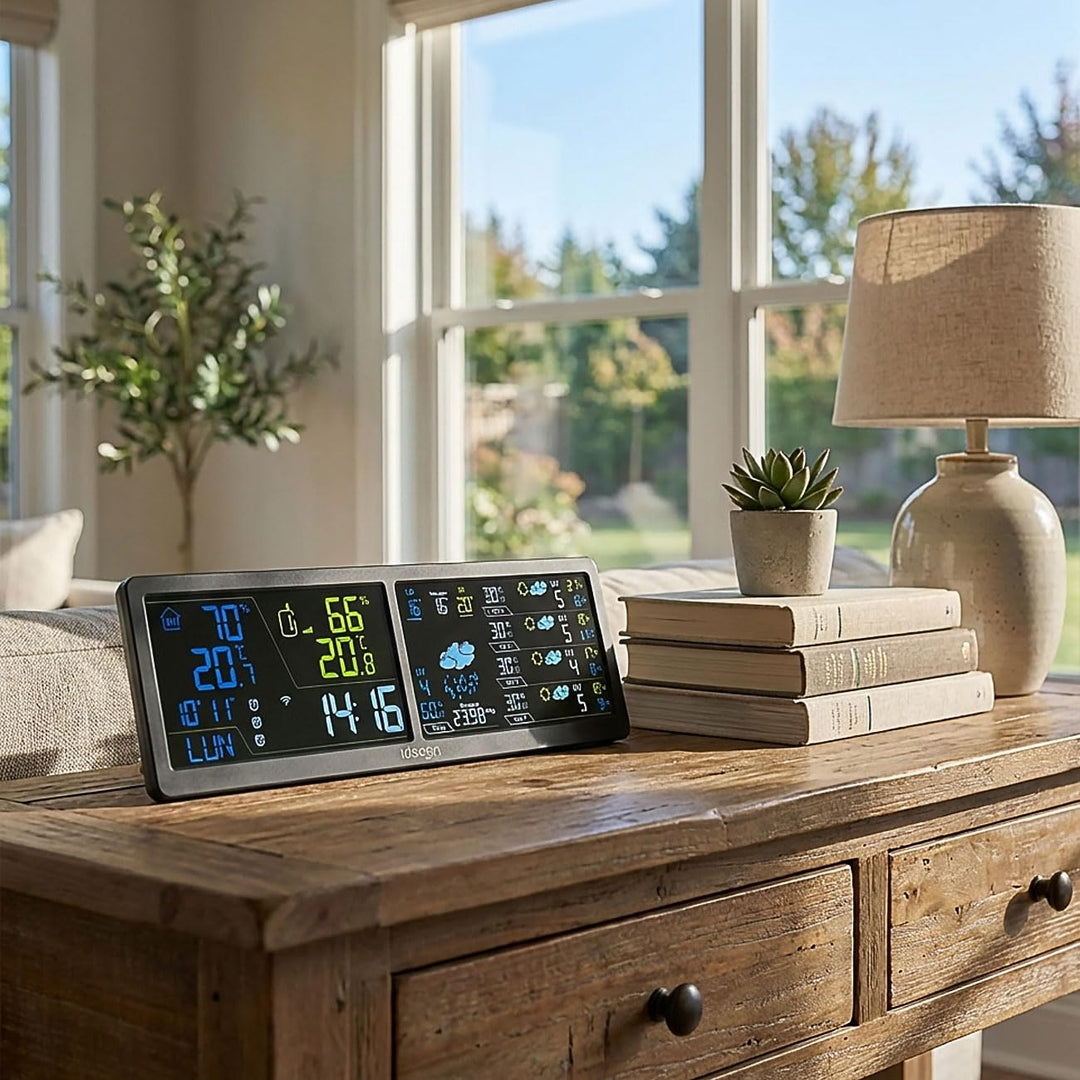 ideoon WLAN Wetterstation mit App & XXL Display: Tuya Smart Home, Aussen-Sensor, Weck-Alarm - Temper