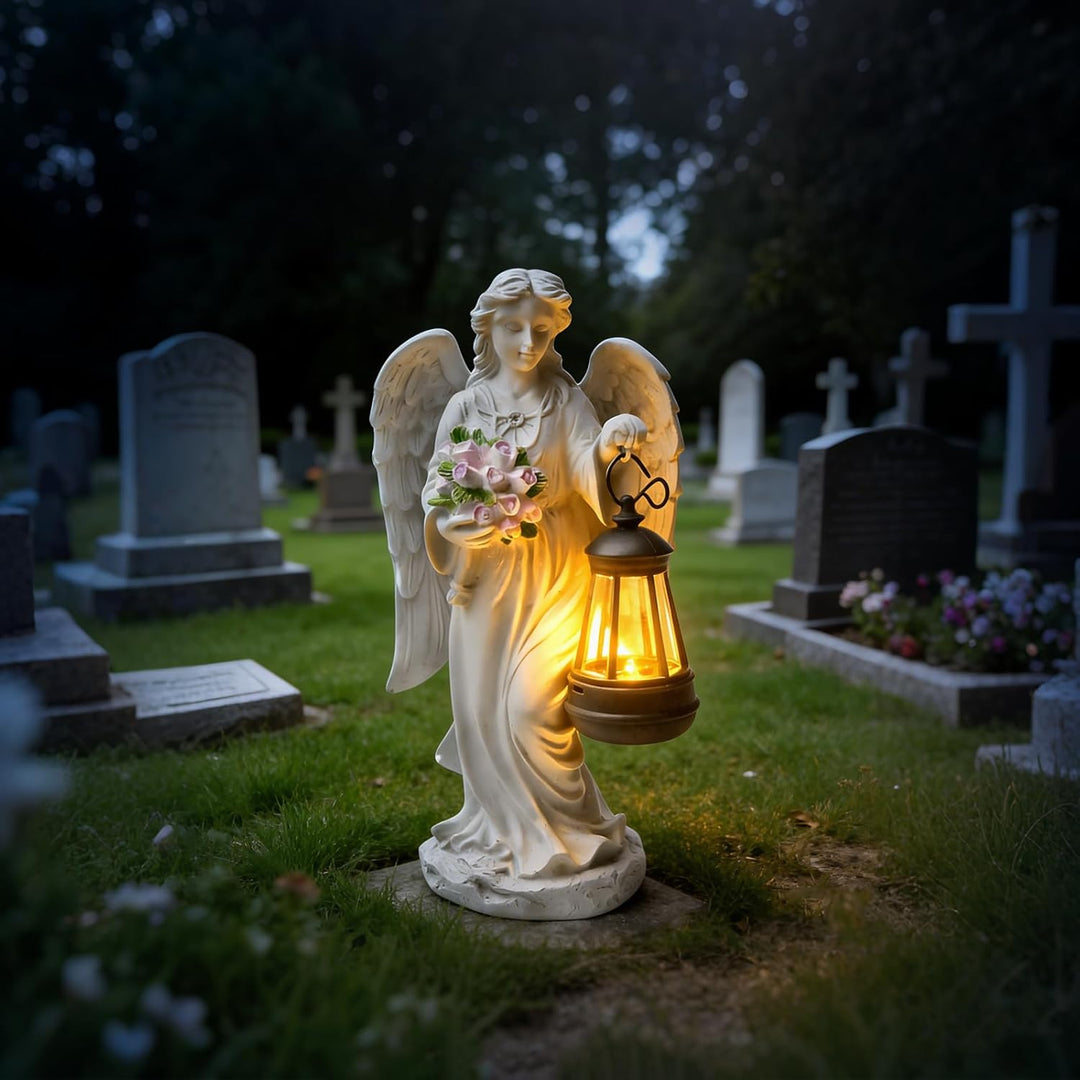 GOMETY Solar Engel Gartenstatuen, Schutzengel-Figur mit LED Solar Laterne, Grablicht Outdoor-Deko, E