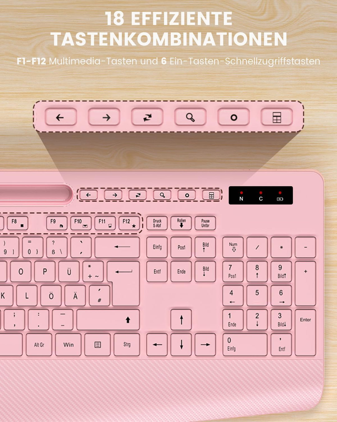 Tastatur Maus Set kabellos, 2.4G keine Latenz Ergonomische Tastatur kabellos Set, Handballenauflage,