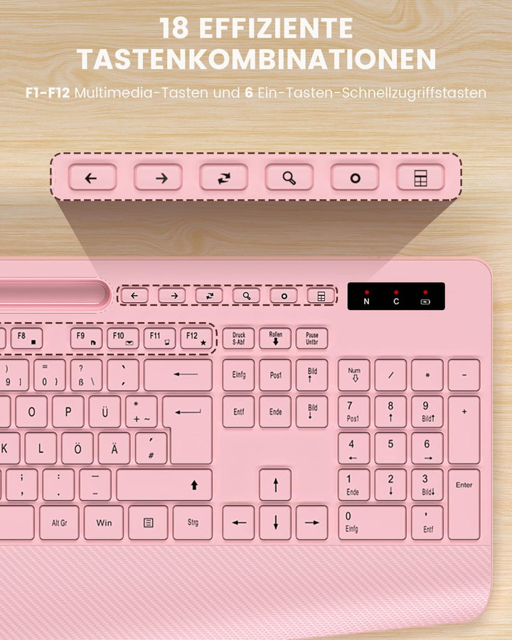 Tastatur Maus Set kabellos, 2.4G keine Latenz Ergonomische Tastatur kabellos Set, Handballenauflage,