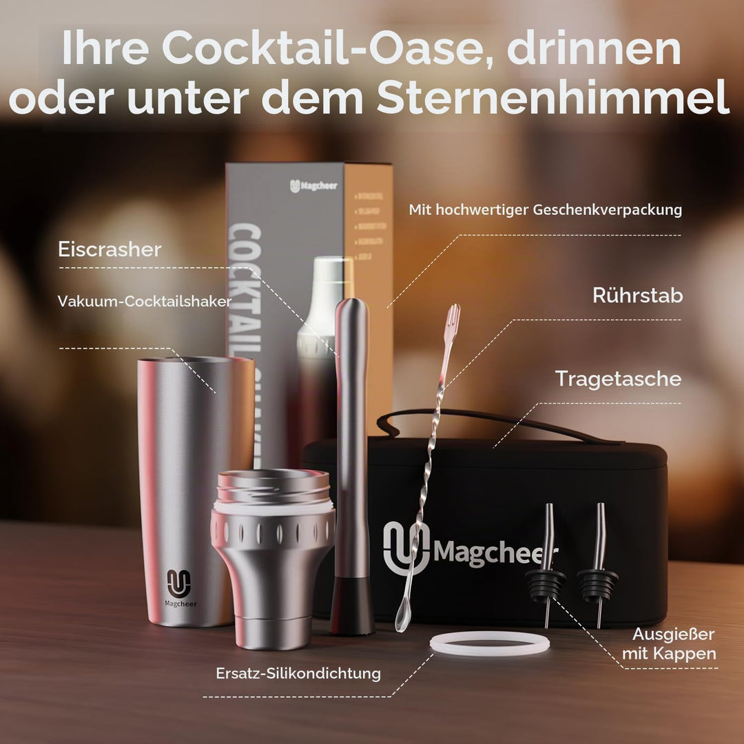 Cocktail Shaker Set mit Integrierter Massskala 900ml Premium Edelstahl Frostsicherer Doppelwand-Bark