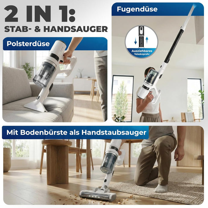KLAMER Akku Staubsauger, 2-in-1 Staubsauger kabellos & Handstaubsauger, Akkulaufzeit bis 60 min, Akk