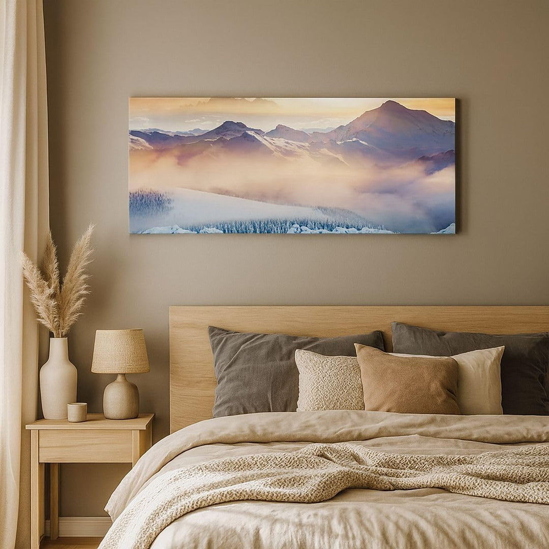 Panorama Bilder auf Leinwand Berge Schnee Winter Leinwandbild 90x30cm Wandbilder Dekoration Wohnzimm