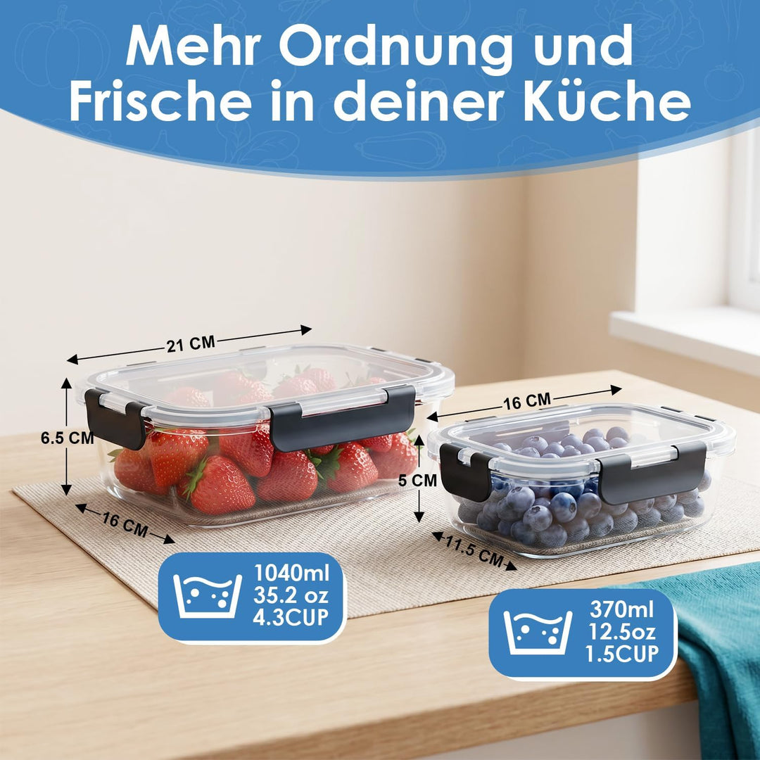 Hotec Glas-Frischhaltedosen Set, 20 Teile (10 Behälter, 10 Deckel), Auslaufsicher, BPA-frei, Mikrowe