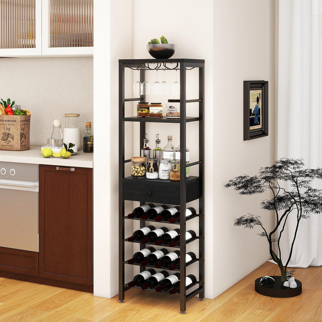 IBUYKE Weinregal, 4-Lagiges Freistehendes Weinregal Mit Glashalter Und Schublade, 16 Flaschenregal C