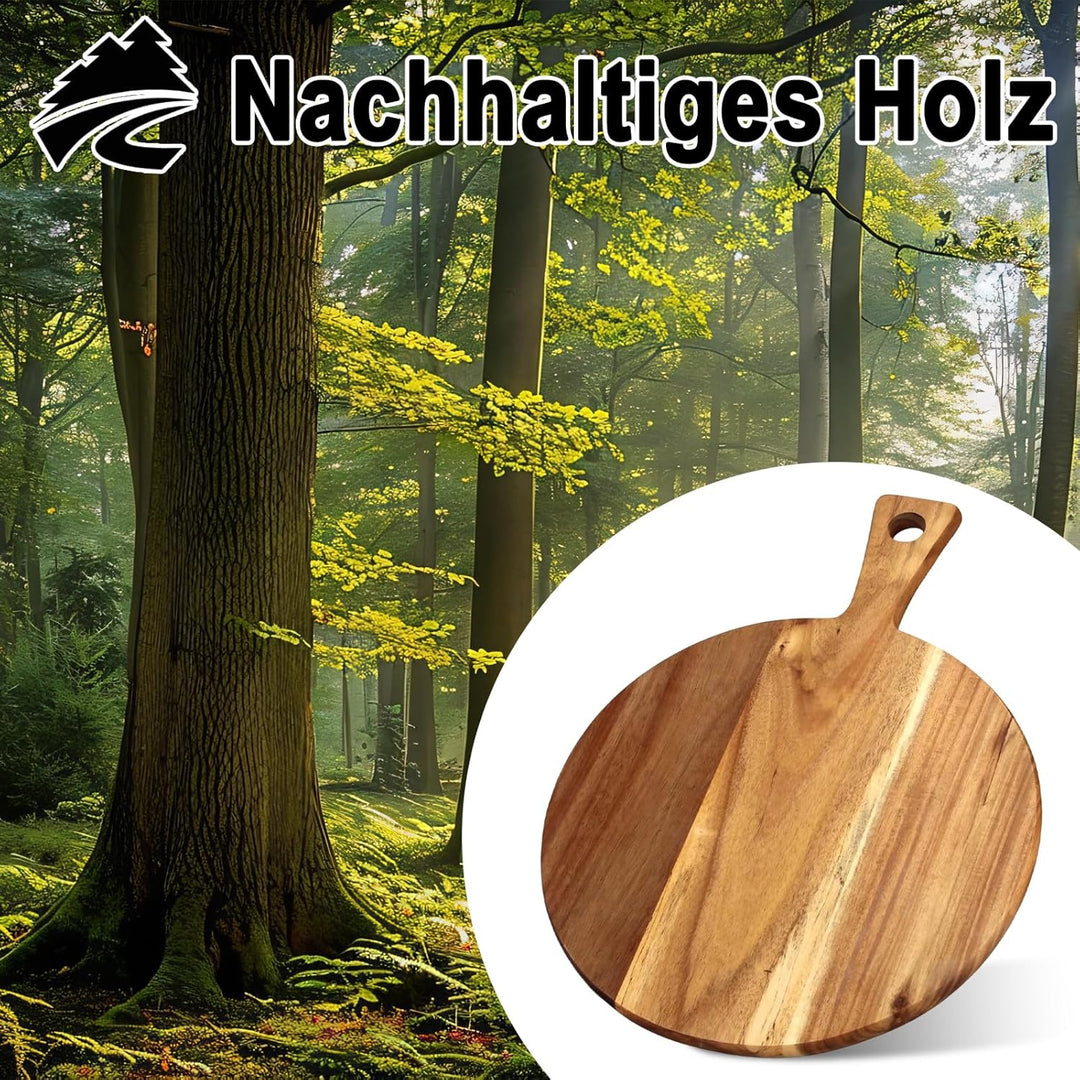 FARYODI 2 Stück 30 cm Pizzabrett Holz, Rund Pizzateller Holz, Pizza Teller Gross Schneidebrett mit G