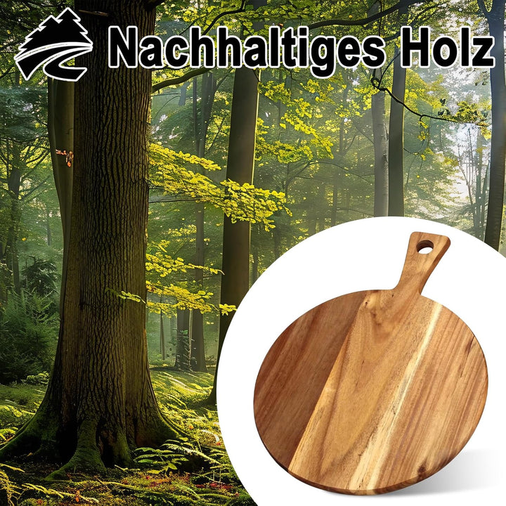 FARYODI 2 Stück 30 cm Pizzabrett Holz, Rund Pizzateller Holz, Pizza Teller Gross Schneidebrett mit G