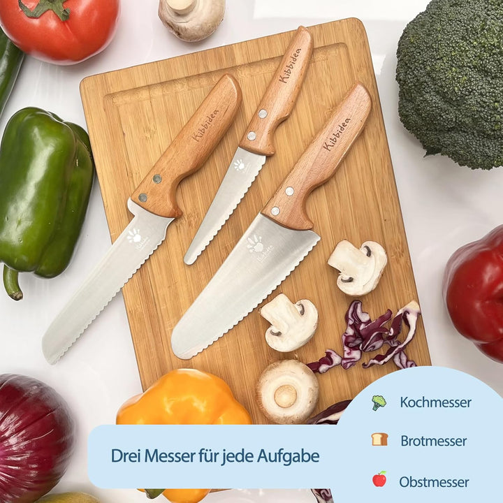 Kibbidea Kindermesser Set, Kinder Messer, Küchenmesser für Kinder ab 3 Jahren, Holzgriff, Edelstahl,