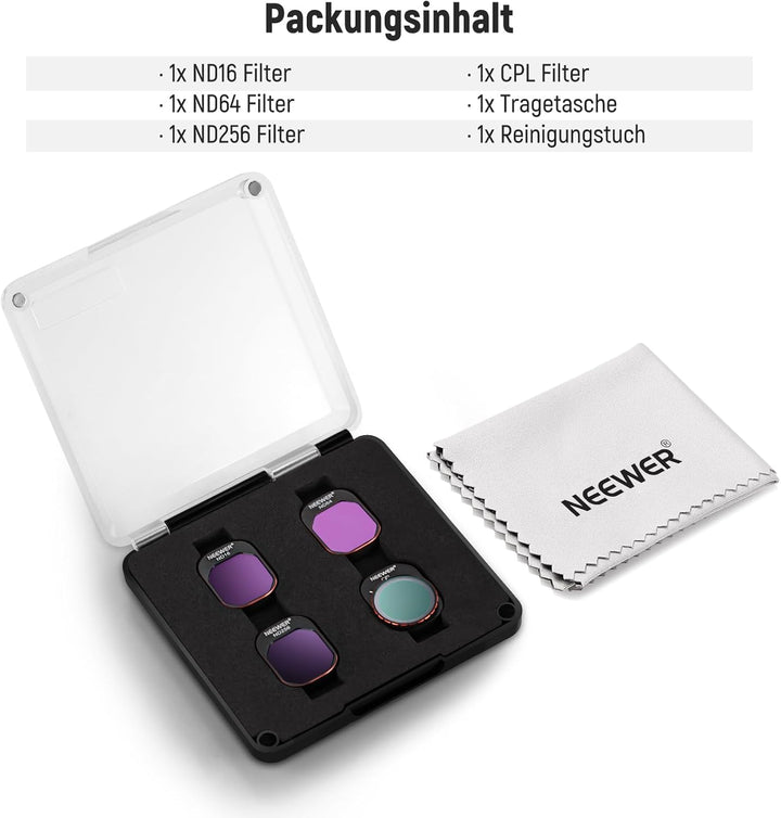 NEEWER ND und CPL Filter Set Kompatibel mit DJI Mini 4 Pro, 4 Pack ND16 ND64 ND256 CPL Polarizer und