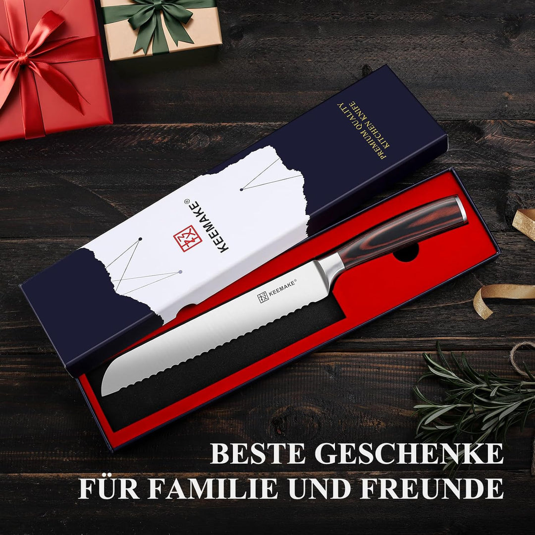 KEEMAKE Brotmesser mit Wellenschliff, Extra scharfes Brotschneidemesser 20 cm aus hochwertigem rostf