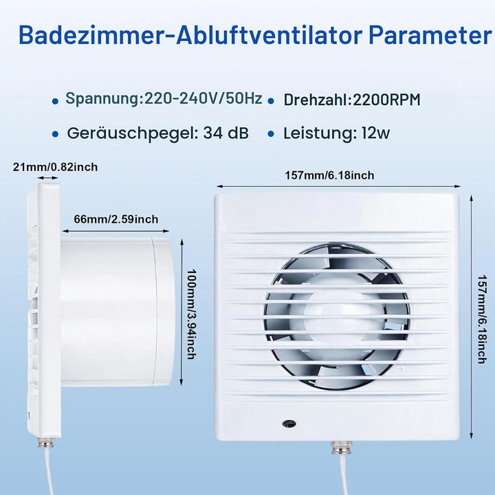 Badlüfter 100mm, 12 W Bad Lüfter, 34 dB Abluftventilator, Badezimmer Lüfter