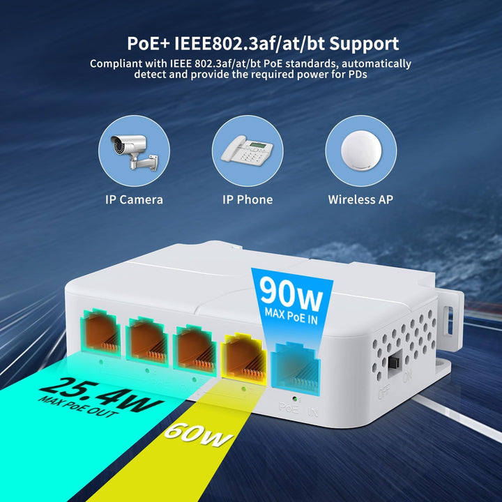 PoE Extender 1 in 4 Out, NICGIGA 5 Port 802.3af/at/bt PoE Waterproof Repeater, Vlan, Extend 100 Mete